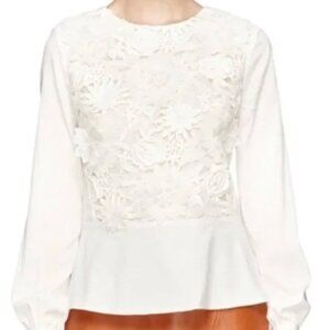 TORY BURCH creamy white silk long sleeve top with floral lace appliques